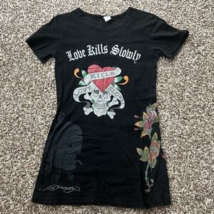 Ed Hardy Black Graphic Women’s LARGE Tee Vintage 2008 Floral Heart Flower